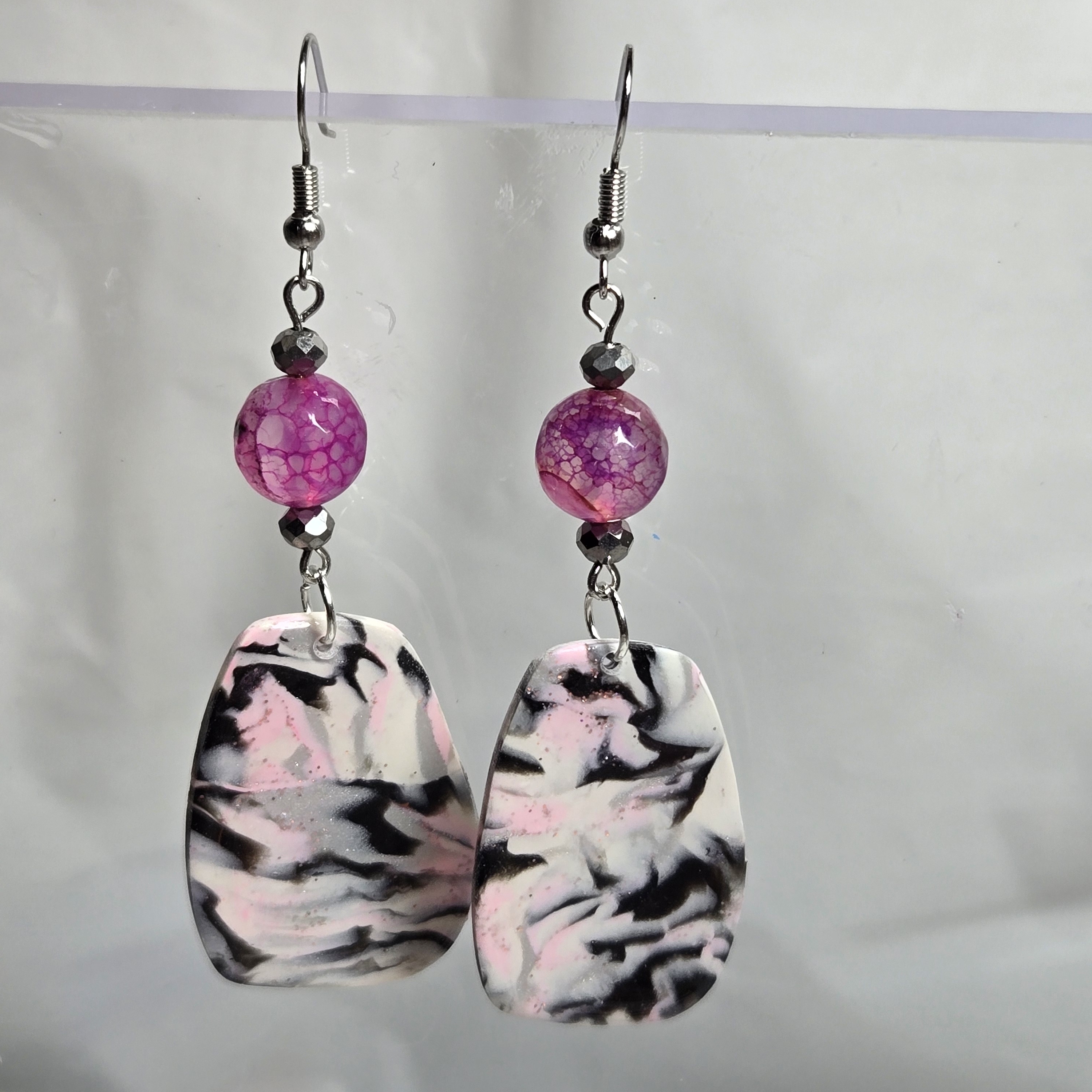 #B230- Handmade Pink And Black Marble Earrings With Pink Agate Beads